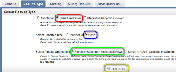 Screenshot of 'Results Type' tab showing how to add gene expression data to query results