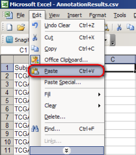Screenshot of Microsoft Excel window showing how to merge annotation and gene expression query results into a single CSV file