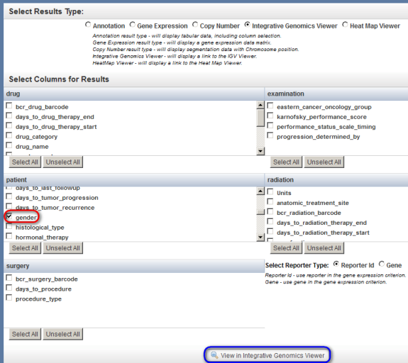 Screenshot of annotation options to choose from when displaying Integrative Genomics Viewer options