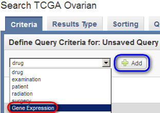 Screenshot of 'Search' page showing how to add Gene Expression as a search criterion