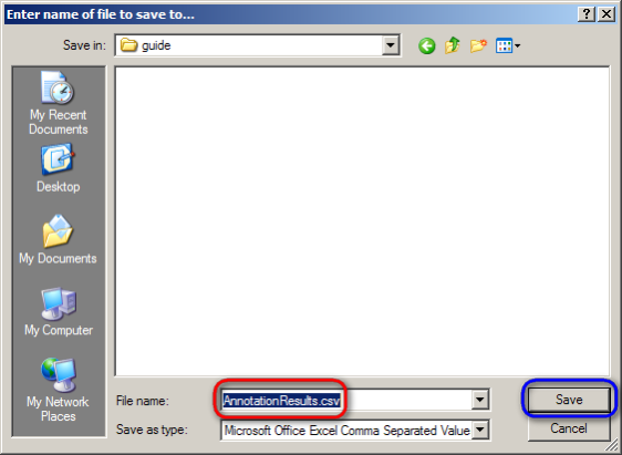 Screenshot of dialog showing how to specify filename for exported CSV file