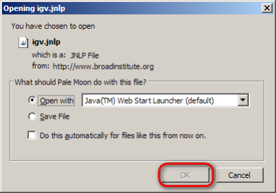 Screenshot of Web browser download dialog showing option to launch Integrative Genomics Viewer