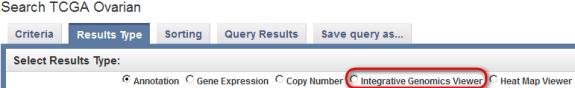 Screenshot of 'Results Type' tab showing Integrative Genomics Viewer' option