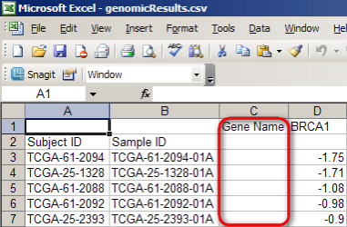 Screenshot of Microsoft Excel window showing gene expression query results from exported CSV file