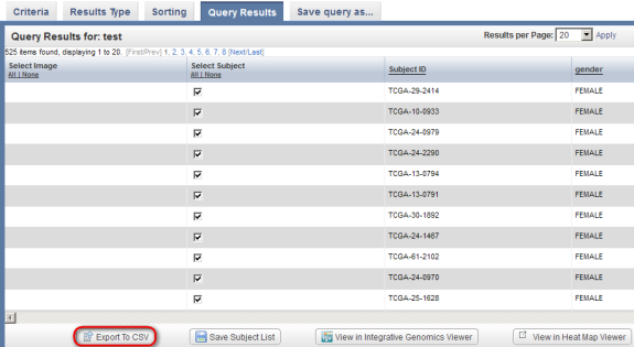 Screenshot of "Query Results' tab showing how to export results to CSV format