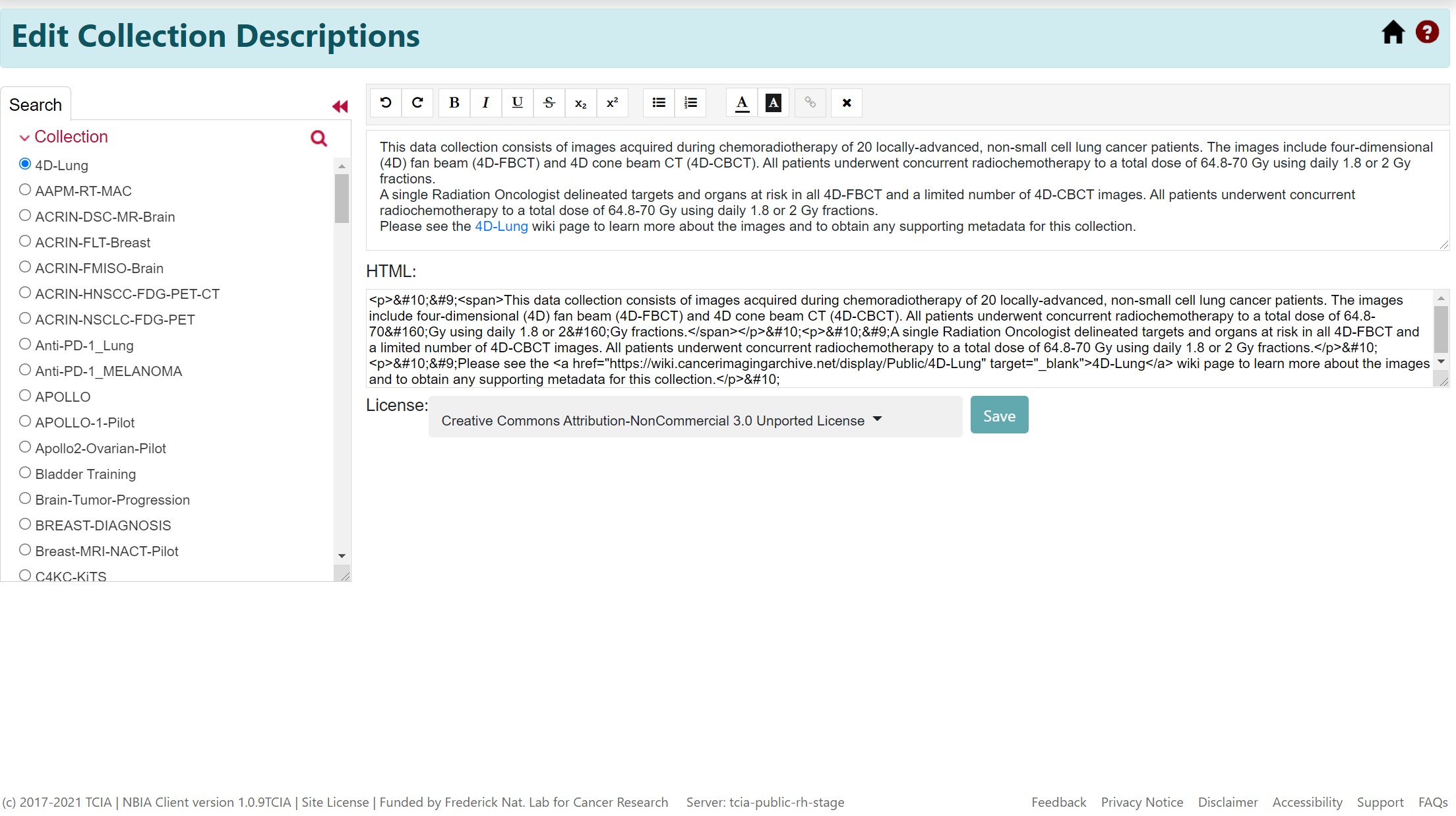 Edit Collection Descriptions page showing and editable description in both text and HTML, a license dropdown list, and a Save button.