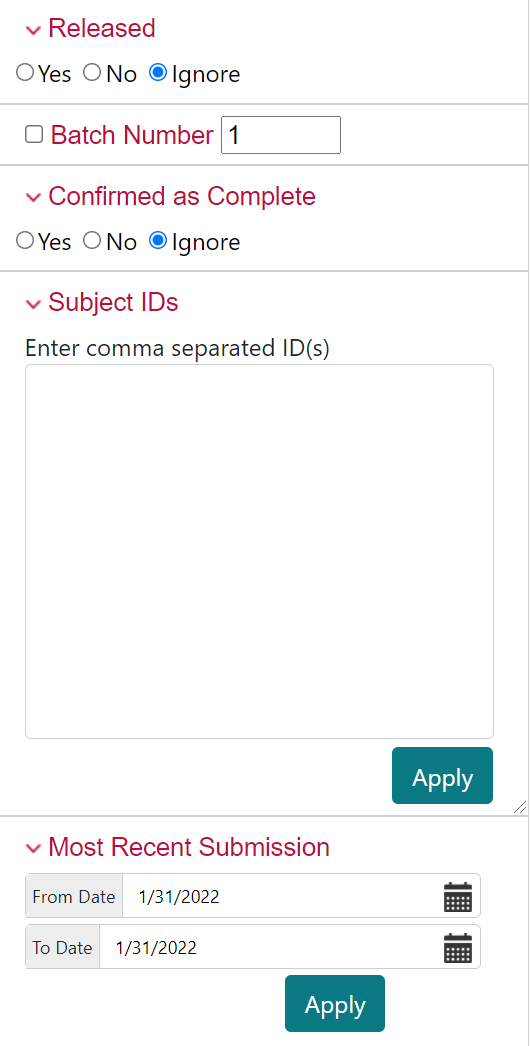 Criteria Search options, including Released, Batch Number, Confirmed as Complete, Subject IDs, and Most Recent Submission