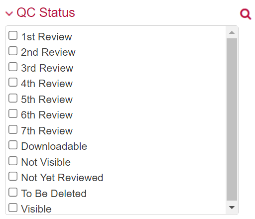 QC Status criteria options, which include checkboxes for Not Visible, Not Yet Reviewed, First Review to Seventh, To Be Deleted, Visible, and Downloadable.