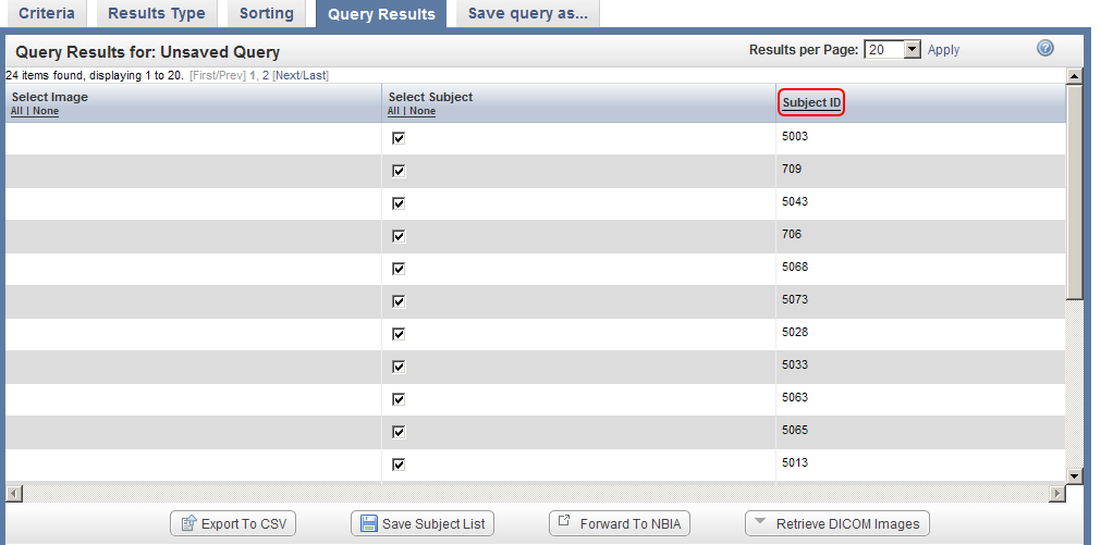 You can sort query results by clicking on the 'Subject ID' heading above the right column.
