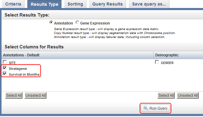 You can select additional fields to be displayed in the query results from the checklists under the 'Results Type' tab.