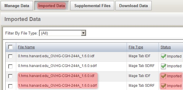 "The imported files now appear under the 'Imported Data' tab with a status of 'Imported'."|height=305