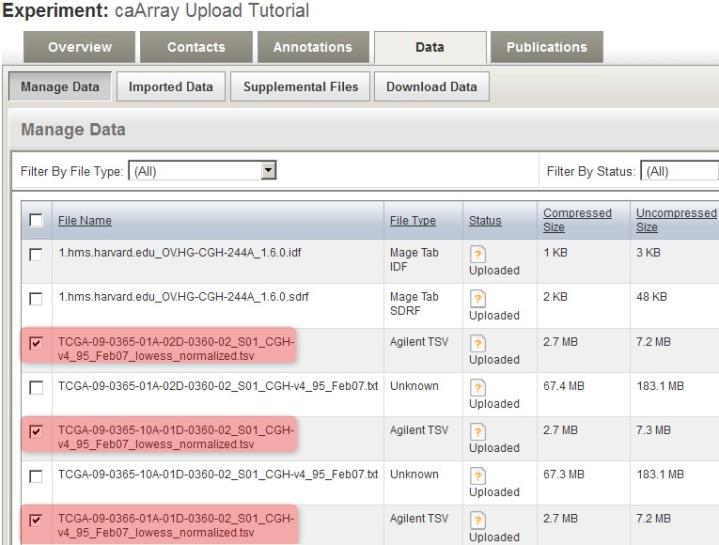 Screenshot of 'Manage Data' tab showing how to mark derived array data files as supplemental