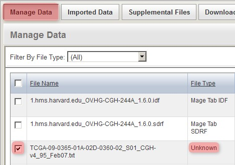 "Screenshot showing how to manually specify the format of uploaded array data files"|height=330