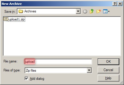 "Screenshot of WinZip's 'New Archive' dialog showing how to specify a filename for the data archive to be created."|height=294