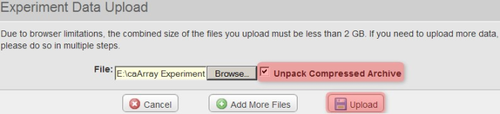 Screenshot of 'Experiment Data Upload' window showing how to begin uploading the data archive