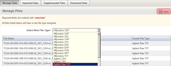 "Screenshot showing how to manually specify the format of uploaded array data files"|height=278