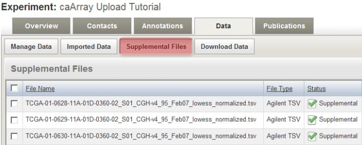 "Screenshot of 'Supplemental Files' tab showing derived array data files previously checked off under 'Manage Data' tab"|height=288
