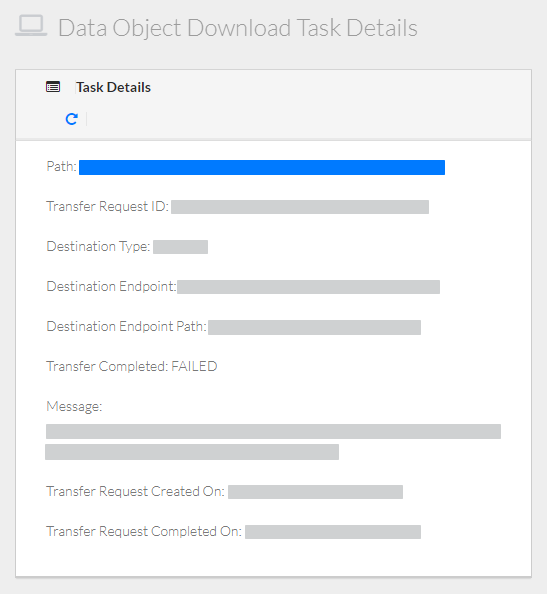 Data Object Download Task Details page with a failed download.