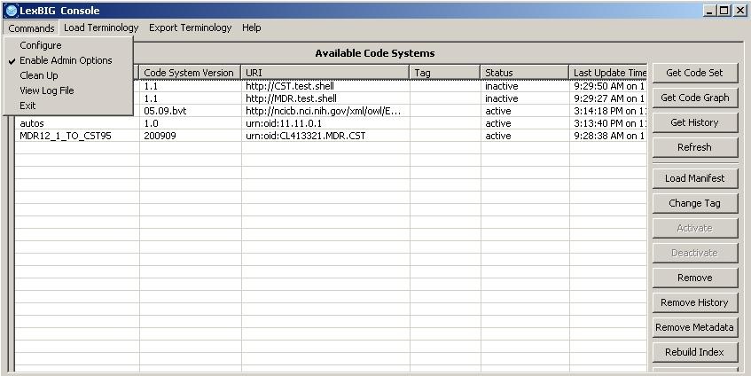 screenshot showing the LexEVS GUI Command dropdown menu with Enable Admin Options selected