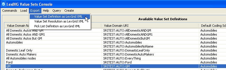 Select Value Set Definition and click on 'Value Set Definition as LexGrid XML' under 'Export' menu.