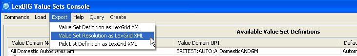 Select Value Set Definition and click on 'Value Set Definition as LexGrid XML' under 'Export' menu.
