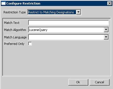 This screenshot shows the Configure Restriction dialog box with Restrict to Matching Destinations selected and the MatchAlgorithm LuceneQuery selected.