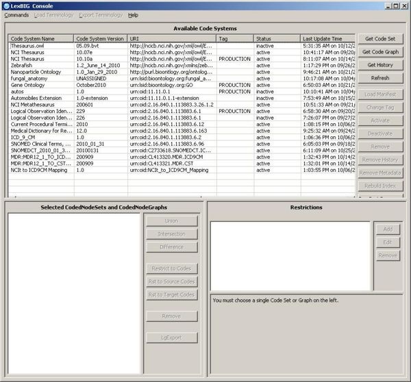 Screenshot of available code systems.