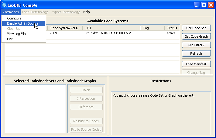 Screenshot of LexEVS Guide and how to enable Administrative functions.