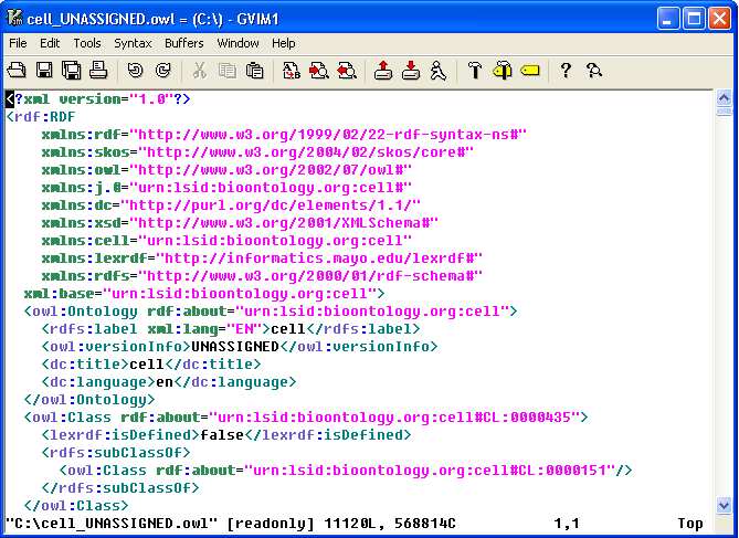 Screen shot of the exported OWL file being viewed in a text editor.