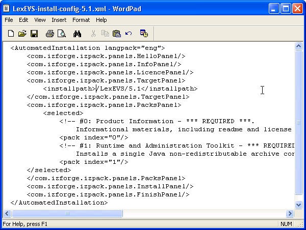 screenshot of WordPad showing the contents of the install-config.xml file