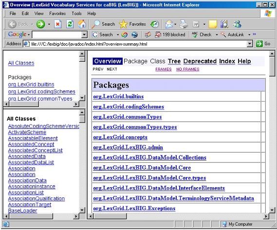 screenshot of javadocs overview page showing LexBIG Vocabulary services