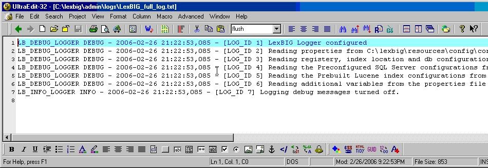 screenshot of text editor showing example service details contents of the LexBIG-full-log.txt file