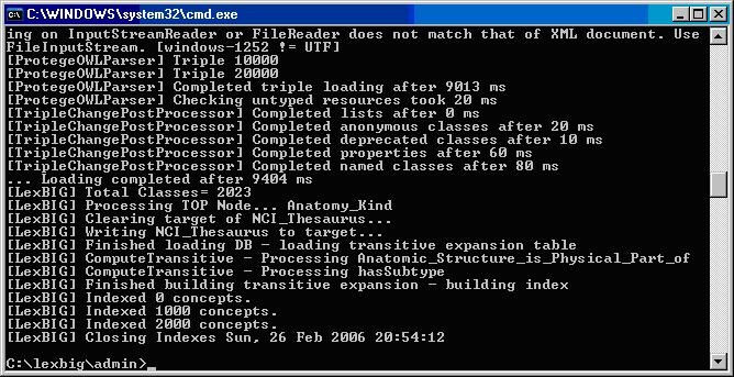 screenshot that shows the successful load of the sample vocabulary file in a Windows command screen