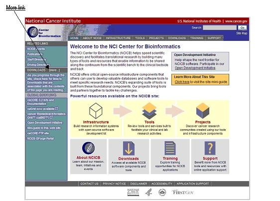 Screenshot showing the downloads section of the NCICB Web site in the left navigation bar