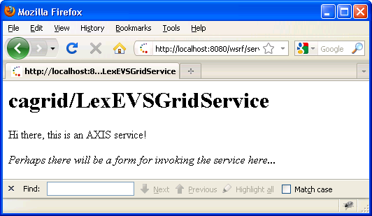 Default web page after successful start of LexEVS Grid Services.