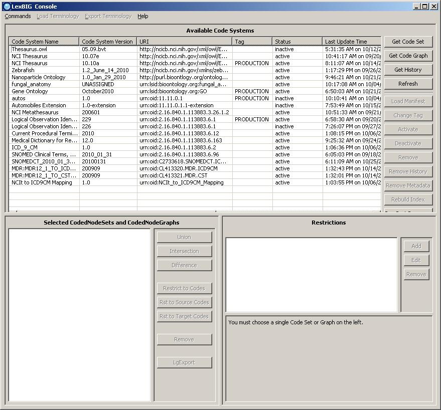 "This screenshot shows the LexBIG Console window with the Available Code Systems