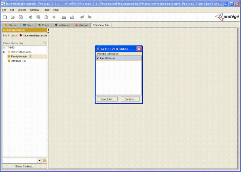 Protégé FCAView tab and Select Attributes dialog box with Multiple instance attributes.