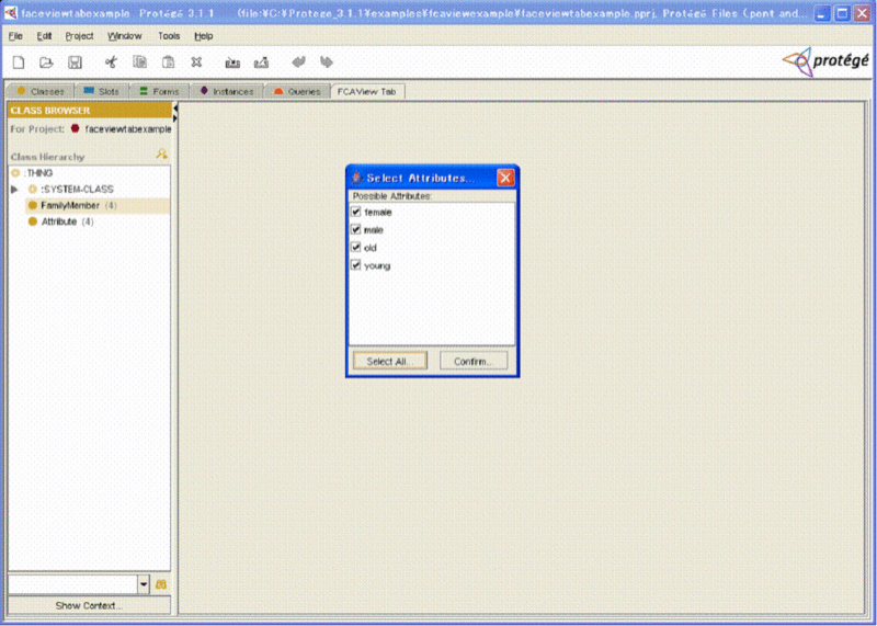 Protégé FCAView tab and Select Attributes dialog box with Boolean attributes.
