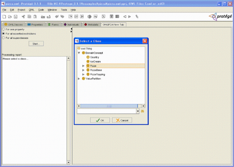 Protégé OWLFCAView tab and Select a Class dialog box for all asserted restrictions.