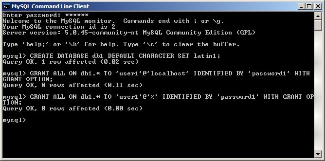 Screenshot of MySQL command-line client window with confirmation message that queries issued to create database schema were successful