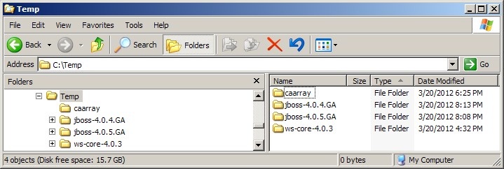 Screenshot of Windows Explorer window showing contents of newly installed caArray application in the path specified in install.properties