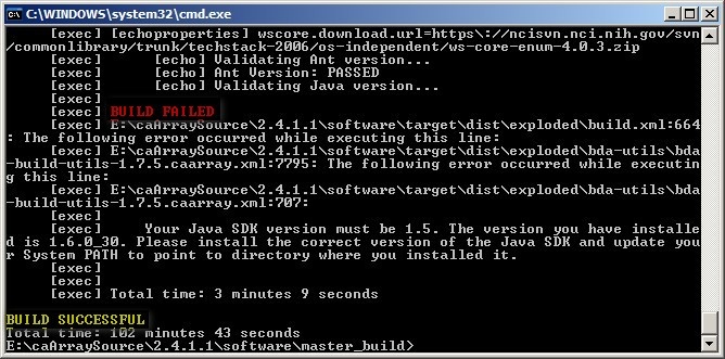 Screenshot of Ant command-line window showing how build process can fail even when confirmation message indicates that build process has completed successfully
