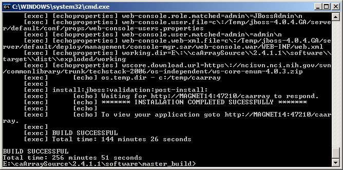 Screenshot of Ant command-line window showing confirmation message that build process has completed successfully