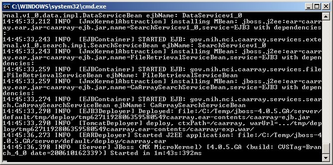 Screenshot of command-line window showing confirmation message that the caArray JBoss server has been started after executing the run.bat file