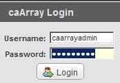 Screenshot of caArray login panel from login page showing example username and password entered into their respective fields