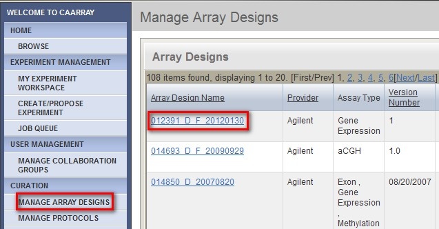 The array design reference ID for your data files can be found on the 'Manage Array Designs' page in caArray by clicking on the array design that your files use