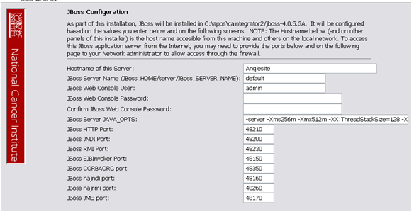 Jboss configuration page; example fields shown