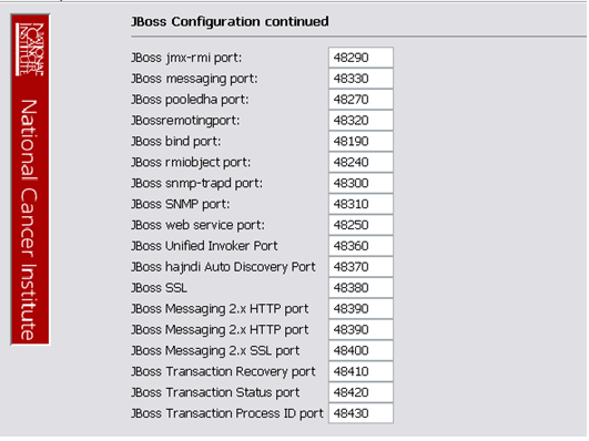 Jboss configuration page; example fields shown