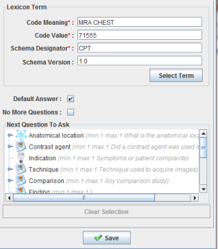 Lexicon Search panel showing code meaning, code value, schema designator, schema version, default answer checkbox, no more questions to ask checkbox, and a list of next questions to ask