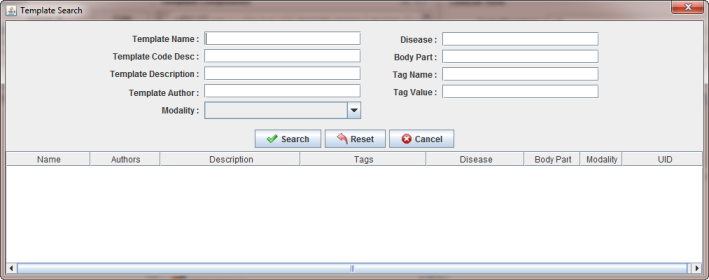 Template Search page with fields as described in the following table.
